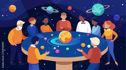 As they gather around a large tabletop model of the solar system attendees listen intently as a scientist explains the different features of each planet and their unique place in. Vector illustration
