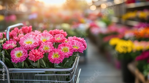 Vibrant Pink Flowers in Shopping Cart at Colorful Flower Market