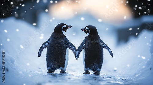 Two penguins holding wings, facing each other in snowy landscape.