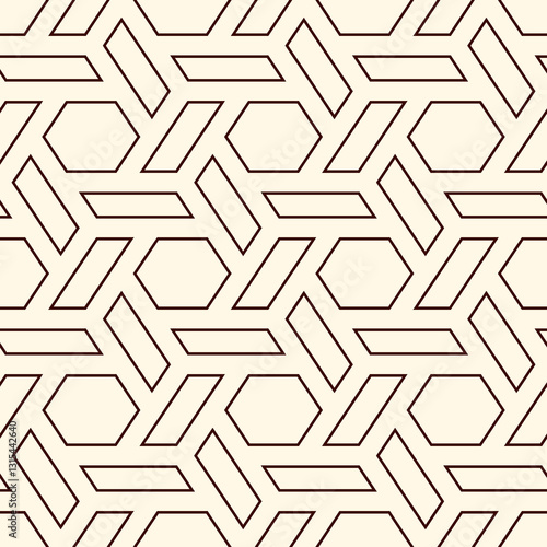 Hexagonal seamless pattern. Honeycomb surface print. Mosaic tiles. Flooring background. Wicker, weave, entwine effect geometric ornament. Modern geometrical wallpaper. Vector abstract.