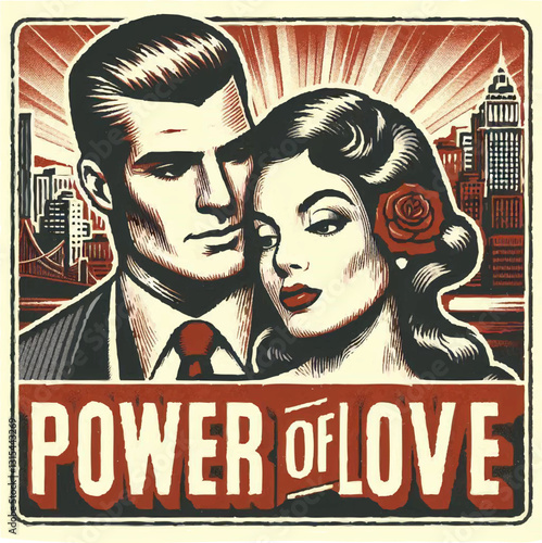 A poster in the style of the 70s depicting a couple in love against the background of an urban jungle. Vector graphics. EPS.