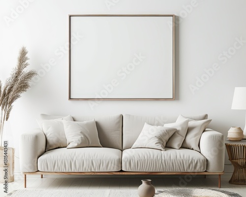 A beige sofa with pillows sits in front of a blank picture frame in a minimalistic living room