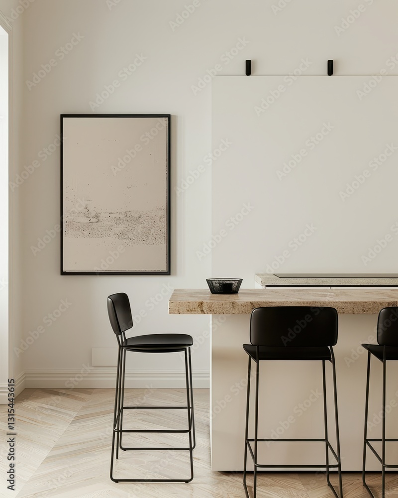 Minimalist kitchen interior with black bar stools. a wooden countertop. and a framed artwork Minimalist kitchen interior with black bar stools. a wooden countertop. and a framed artwork