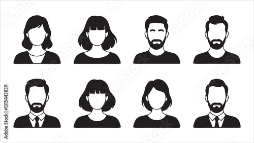 Simple Black and White Avatar Icons Male, Female, Beard, Hairstyles