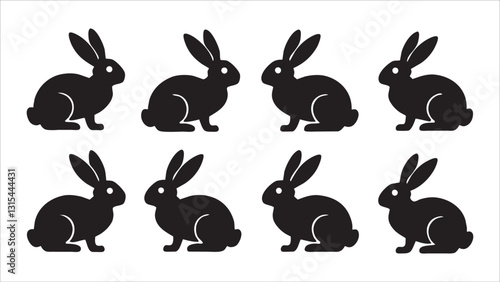 Eight Black Rabbit Silhouettes Simple, Cute, Animal Icons