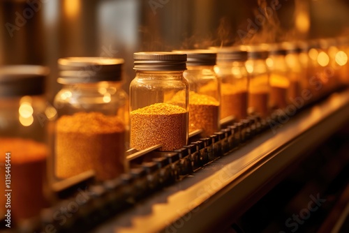 Wallpaper Mural Golden Grains Conveyor Belt: Close-up of Jars Filled with Sparkling Yellow Granules in Motion Torontodigital.ca