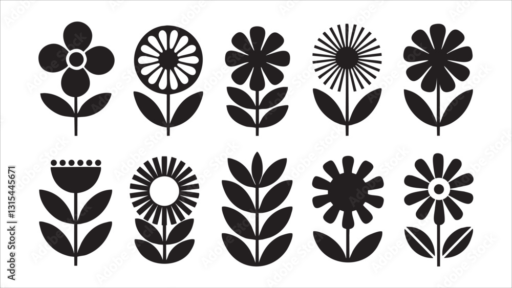 Fototapeta premium Black and White Floral Designs Simple Flower Icons Set