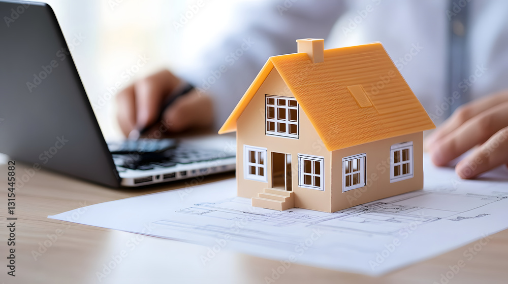 model house placed on financial documents with laptop nearby model house placed on financial documents with laptop nearby