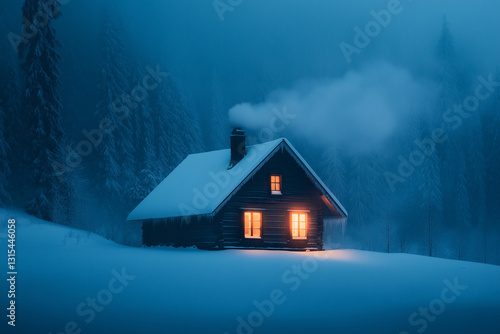 Einzelne Hütte im verschneiten Wald bei Nacht mit warmem Licht
 photo