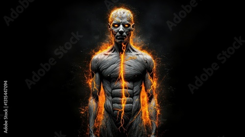 A humanoid figure stands in a powerful pose, emanating vibrant orange flames from its body in a dramatic display, set against a stark black background