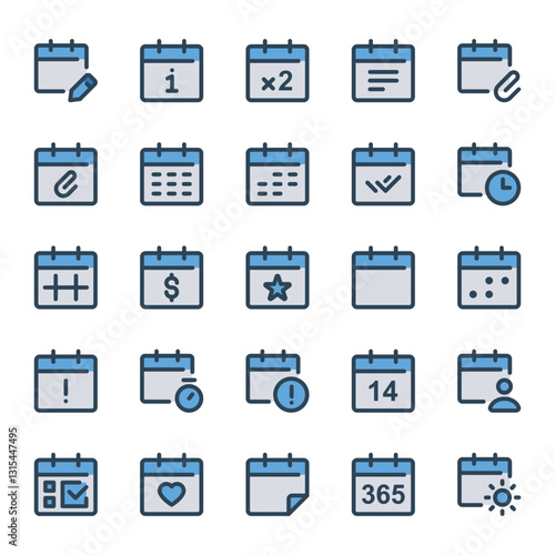 Filled blue outline icons set for Calendar, agenda, event.