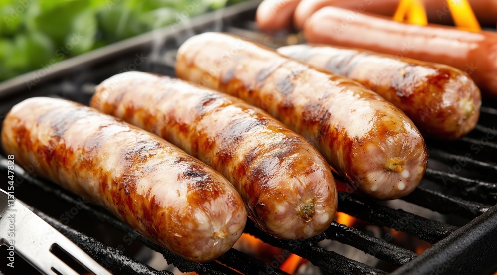 Juicy sausages sizzling on a grill with flames and smoke. Juicy sausages sizzling on a grill with flames and smoke.