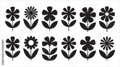 Twelve Simple Black Flower Silhouettes Floral Designs, Botanical Art
