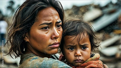 A mother holds her child, showcasing deep emotion amidst devastation