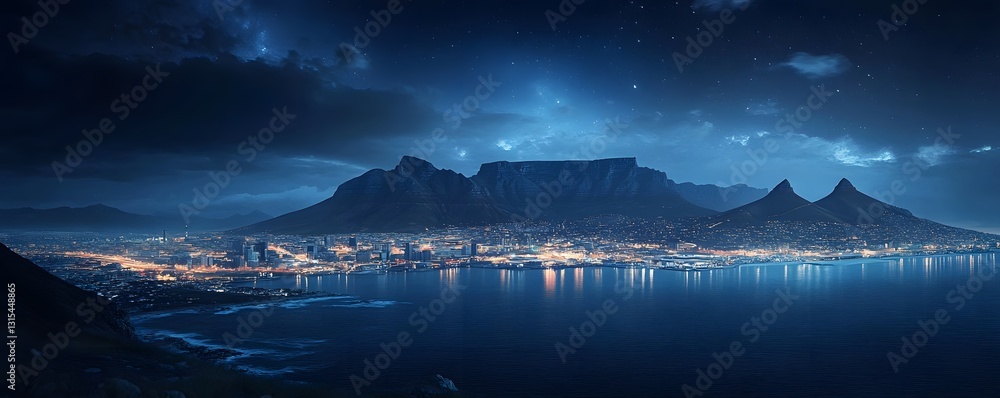 Obraz premium Cape Town at night, with Table Mountain in the background and the city lights shimmering along the coast