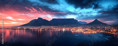 Cape Town at night, with Table Mountain in the background and the city lights shimmering along the coast