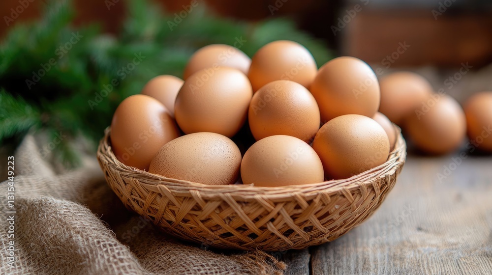 Easter. Fresh brown eggs in a wicker basket on a wooden table decorated with burlap and fir branches. Natural products, farming, cooking, coziness and ecology. Easter. Fresh brown eggs in a wicker basket on a wooden table decorated with burlap and fir branches. Natural products, farming, cooking, coziness and ecology.