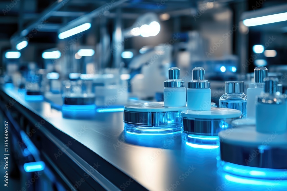 Luxury Cosmetic Products on Modern Conveyor Belt in Blue Lit Factory Luxury Cosmetic Products on Modern Conveyor Belt in Blue Lit Factory