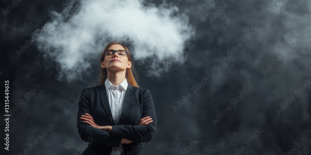 Businesswoman with Cloud Above Head, Thinking About Solution Banner Businesswoman with Cloud Above Head, Thinking About Solution Banner