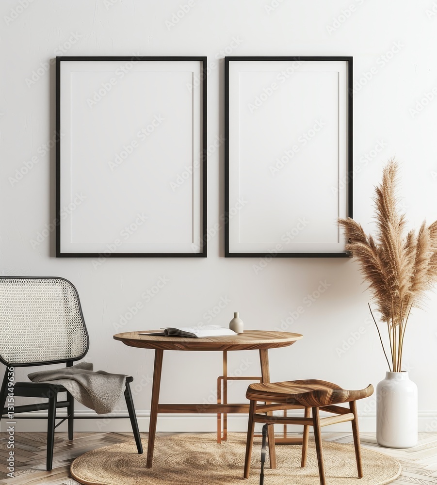 Two Empty Frames Mockup in Modern Living Room Interior with a Wooden Table and a Chair Two Empty Frames Mockup in Modern Living Room Interior with a Wooden Table and a Chair