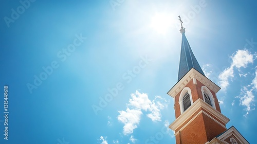Low-angle view of church steeple against bright sunny sky.