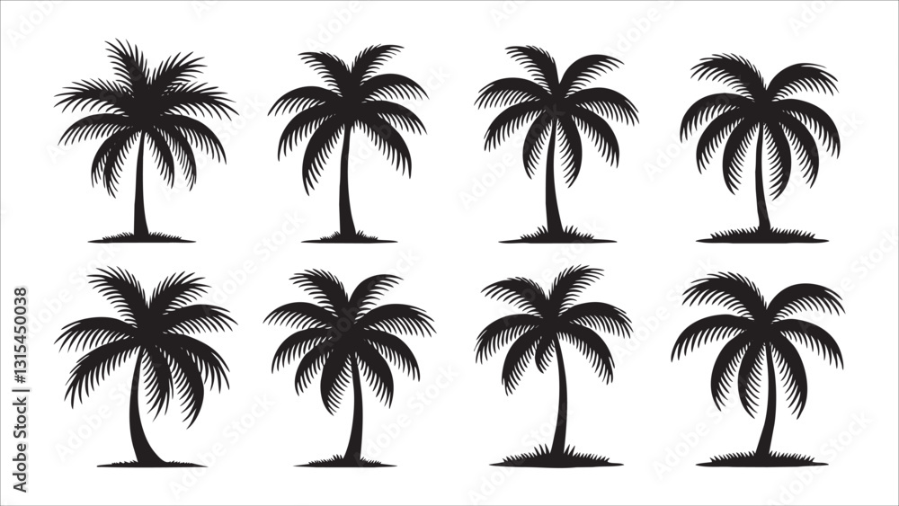 Fototapeta premium Eight Black Silhouettes of Tropical Palm Trees on White