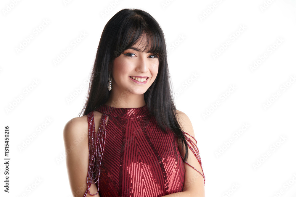 A photo of a beautiful brunette Caucasian Latina in a red elegant lounge dress, softly lit against a commercial white background.