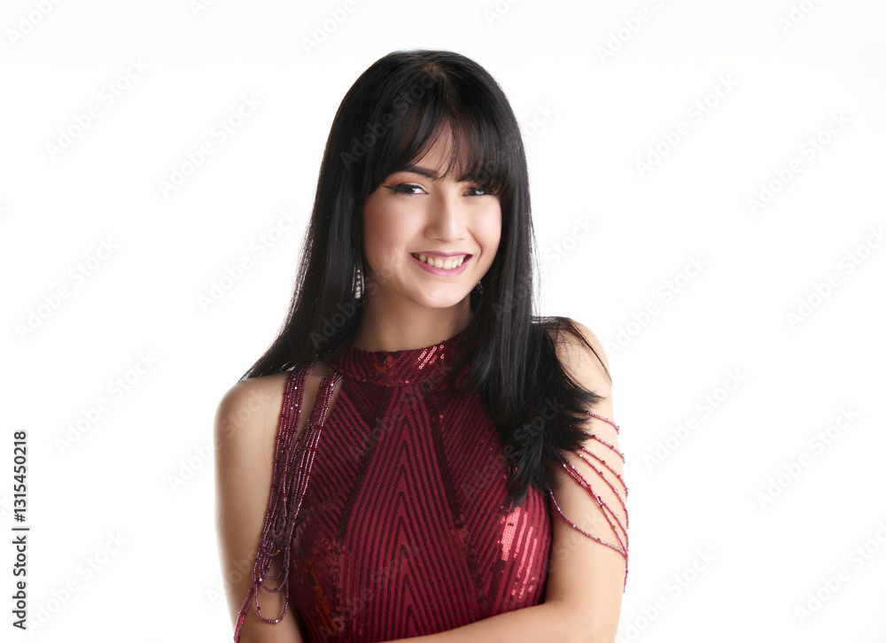 A photo of a beautiful brunette Caucasian Latina in a red elegant lounge dress, softly lit against a commercial white background. A photo of a beautiful brunette Caucasian Latina in a red elegant lounge dress, softly lit against a commercial white background.