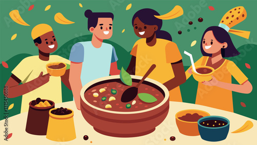 The sound of ss clinking against bowls can be heard as everyone digs into the feijoada savoring the tender meats savory beans and delicious broth.. Vector illustration