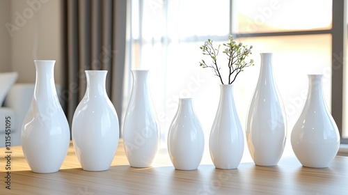 Vases lined on table, greenery in one, sunlight shining through window