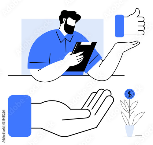 Professional analyzing document with open palm, thumbs-up gesture, and money plant. Ideal for business growth, investments, feedback, opportunity, evaluation success support ideas. Flat simple