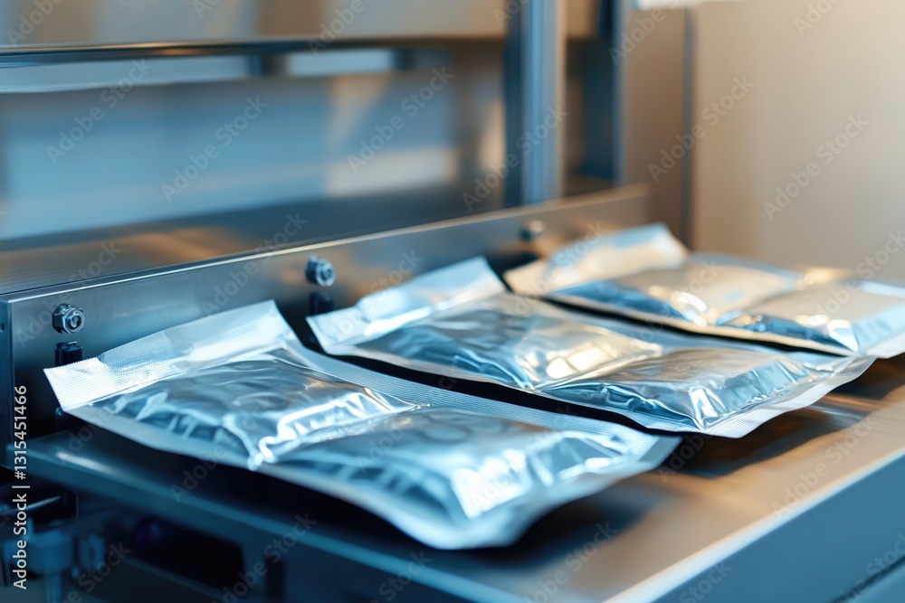 Metallic Packaging on Modern Conveyor Belt: Industrial Product Photography Metallic Packaging on Modern Conveyor Belt: Industrial Product Photography