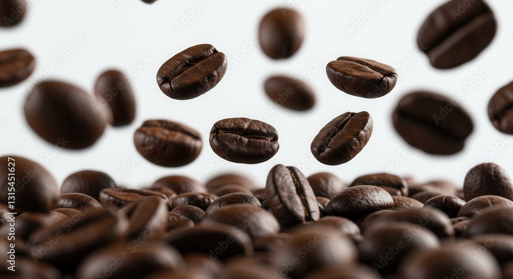 Obraz premium Roasted Coffee Beans Falling with Pile of Beans in Foreground