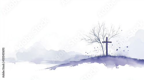 Trauriger Baum und Kreuz auf sanftem Hügel im Nebel

