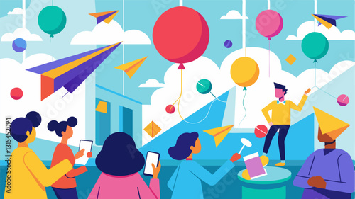 In a room filled with colorful balloons and flying paper airplanes attendees learn about the physics of flight and explore the concept of lift.. Vector illustration