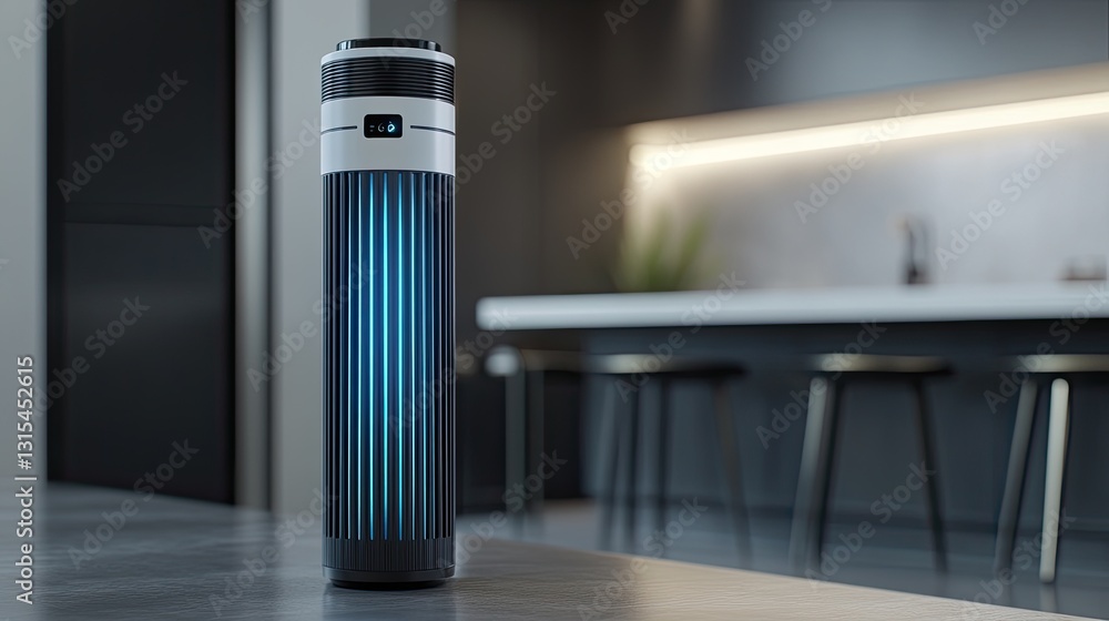 Futuristic cylinder glows blue in a modern kitchen. Soft light illuminates the counter, stools, and a potted plant in the blurred background Futuristic cylinder glows blue in a modern kitchen. Soft light illuminates the counter, stools, and a potted plant in the blurred background