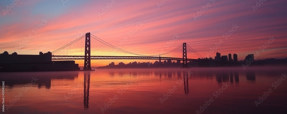 Obraz premium A suspension bridge spans the water during a beautiful sunrise