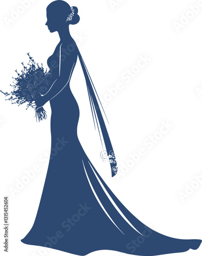 부케 들고 있는 신부 실루엣 벡터 일러스트