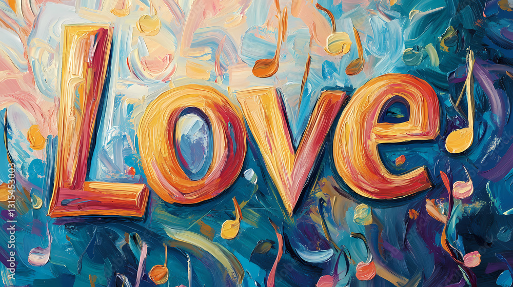 Obraz premium A vibrant abstract artwork features the word love prominently in the center, surrounded by soft hues and musical notes, creating a harmonious visual experience. Harmonious - Garden. Illustration