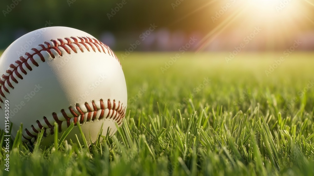 A close-up of a baseball resting on vibrant green grass under warm sunlight during a game A close-up of a baseball resting on vibrant green grass under warm sunlight during a game