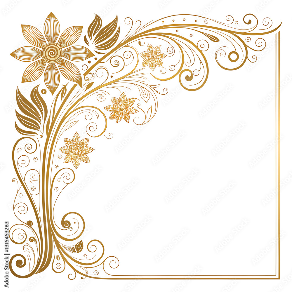 Golden floral corner frame with ornate details on a transparent background. Golden floral corner frame with ornate details on a transparent background.