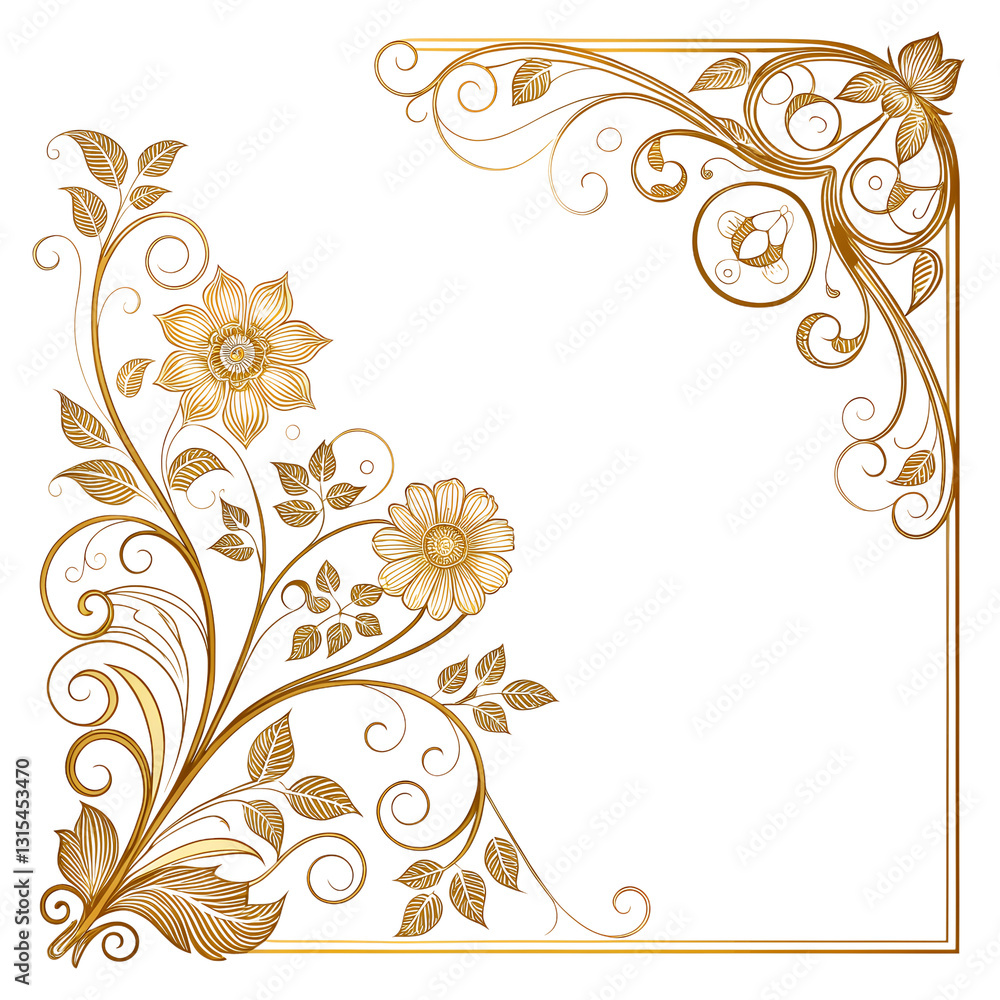 Golden floral corner frame with ornate details on a transparent background. Golden floral corner frame with ornate details on a transparent background.