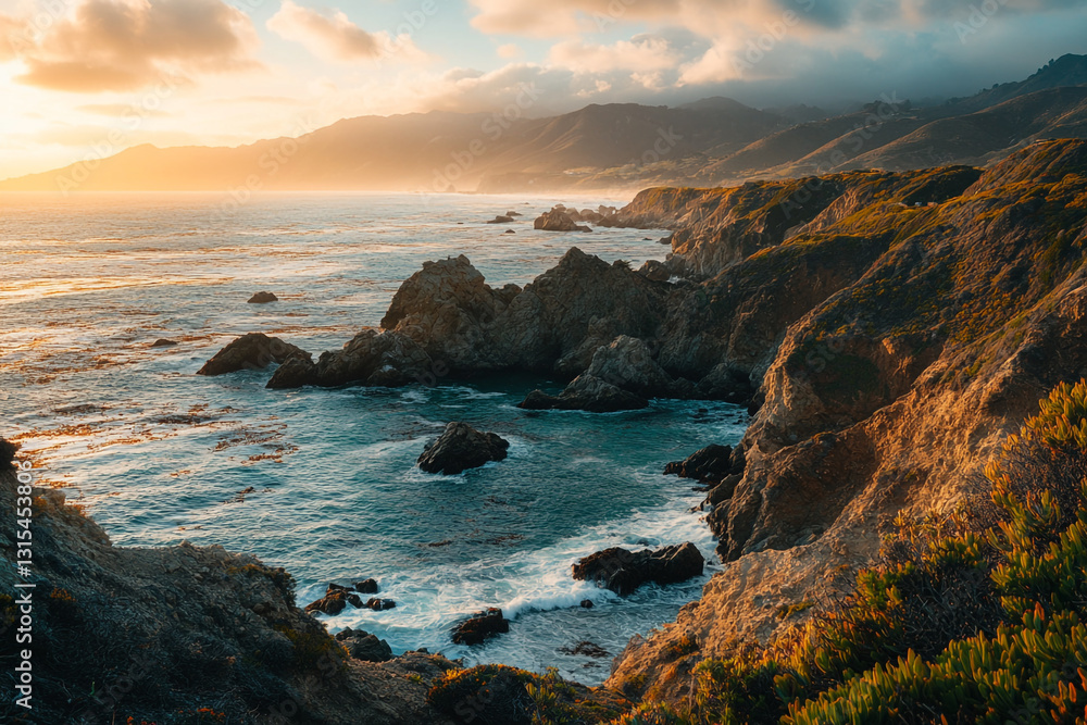 Stunning coastal sunset landscape with rugged cliffs and ocean waves sea sky sea view wild blue rocks Stunning coastal sunset landscape with rugged cliffs and ocean waves sea sky sea view wild blue rocks