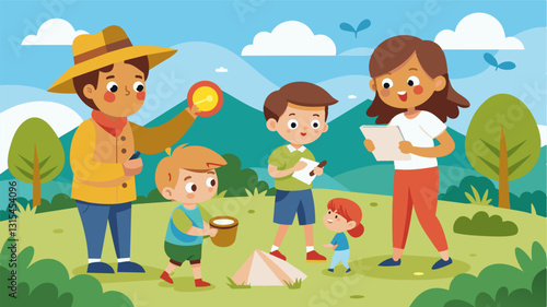 A scavenger hunt for the children with parents helping them find hidden treasures around the park.. Vector illustration