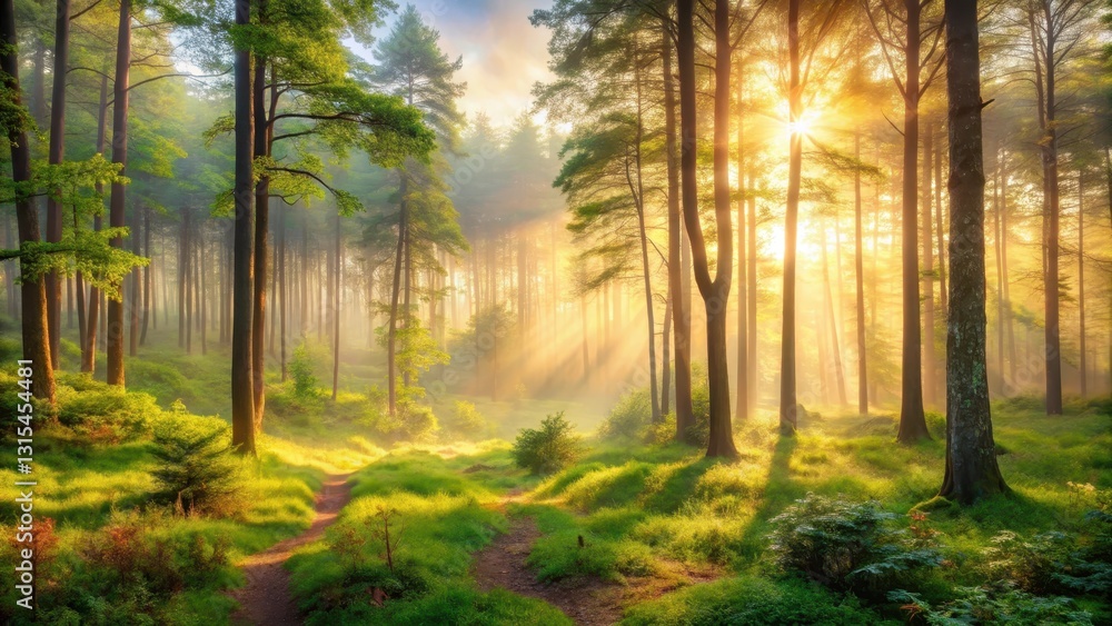 Fototapeta premium Serene forest landscape with soft, dreamy light and gentle mist, peaceful, panorama, peaceful,panorama, woodland, serene