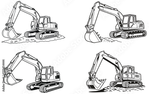 Four Black and White Excavator Illustrations