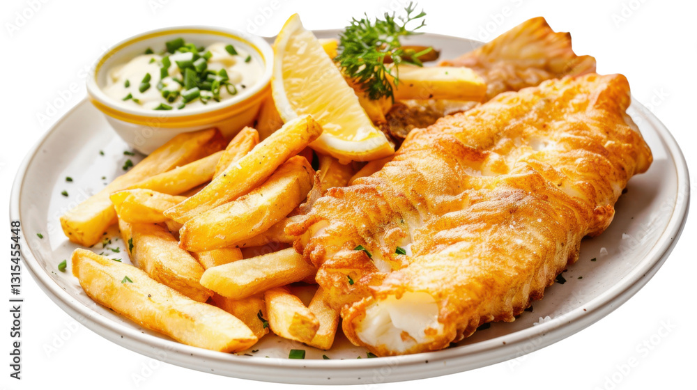 Crispy fried fish and chips with tartar sauce and lemon on transparent background Crispy fried fish and chips with tartar sauce and lemon on transparent background