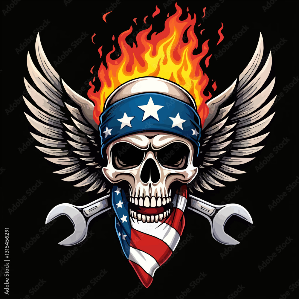 Fototapeta premium Biker vector t-shirt design with fire human skull with usa flag bandana, wings, flame, wrench on black background. Fashionable print for fabric, paper, men clothing, hoodie, jacket. T shirt template.