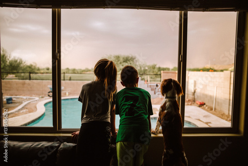 Kids and dog looking out window photo