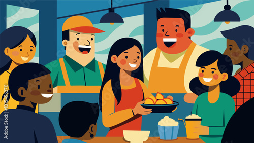 The sound of laughter and chatter fills the bustling pupuseria as hungry customers wait in line for their traditional meal.. Vector illustration